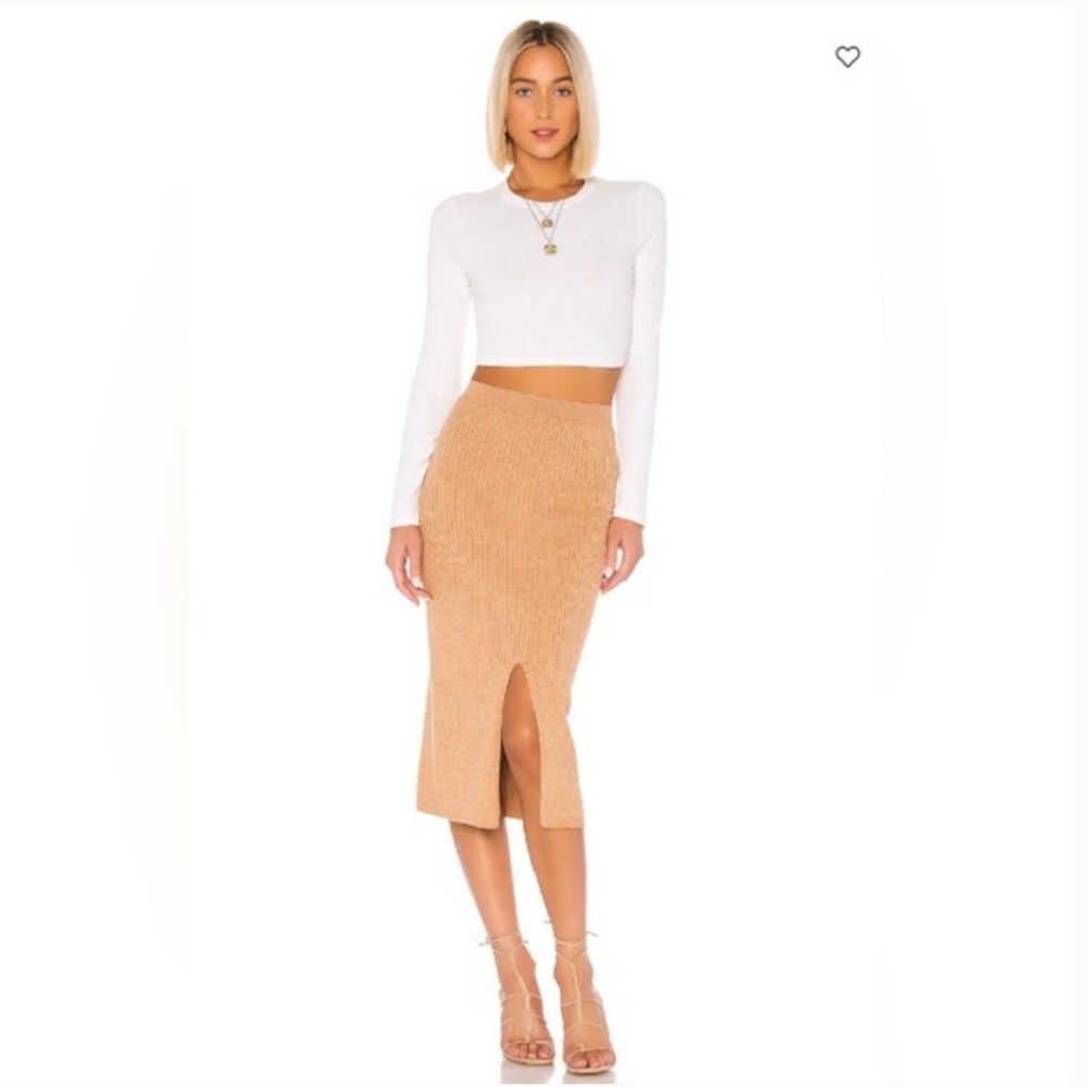 Stretchy Cream Skyline Front Slit Rib Knit Midi